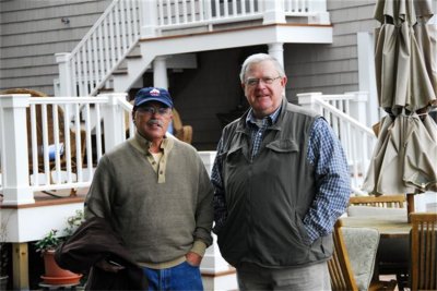 Peb Stone and Mickey Emmons at his apartment/home in Freeport, Maine.