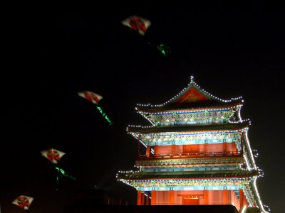 Holiday lights 1 -- flying kite at Qianmen