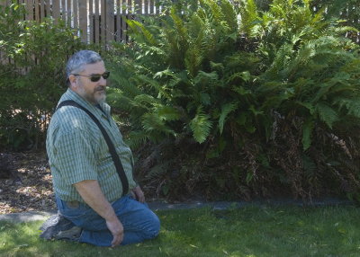 George inspecting the sprinkler system
