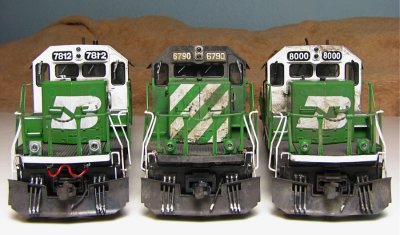 My three ex. BN SD40-2s from the latest Kato release. 7812, 6790, and 8000