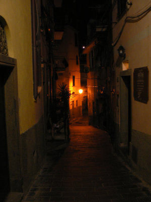Nighttime narrow street.