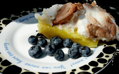 therese's homemade lemon meringue  pie with fresh new jersey blueberries on the side