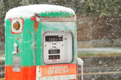 Old Gas Pump, Snow Storm, Freedom, Wyoming