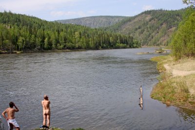 Bath at camp by Irkut river