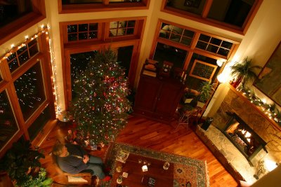 Happy Holidays - view of living room with gas fireplace  from loft above