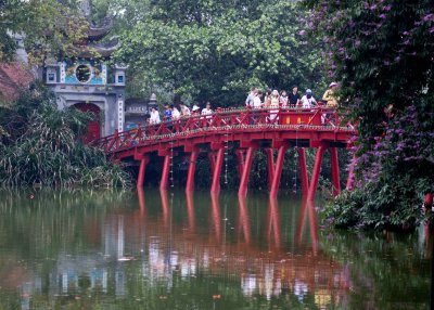 Bridge to Den Ngoc (Jade Mountain) temple on an island in Hoan Kiem lake