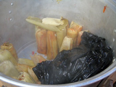 Tamales in their steamer, bien calientitos.