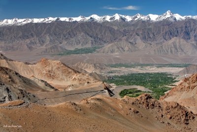 View of Shanti Stupa and Leh Valley, enroute to Khardungla Pass, Ladakh