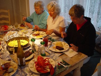 WHAT A FEED-LOBSTER, SWEET CORN, AND FRESH HALIBUT ON THE GRILL WITH INCREDIBLE SALAD OF TOMATOES FROM KENNY'S GARDEN