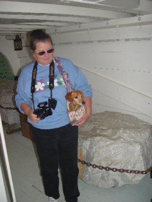 SANDY AND GRETTA IN HER CARRIER CHECKED OUT THE BELOW DECK