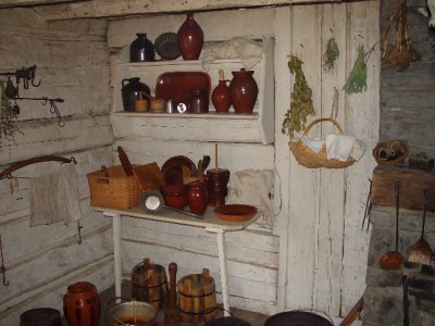 THE PIONEER KITCHEN WAS BEING USED TO COOK A MEAL FROM THE GARDEN THE DAY WE VISITED