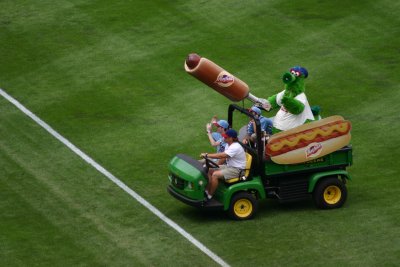 The Phillie Fanatic with his hot dog cannon