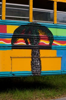 An old painted school bus at the Broad Creek marina