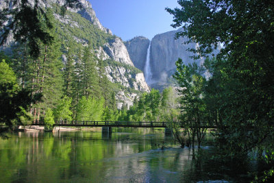 Swinging Bridge with Yosemite Falls in the background