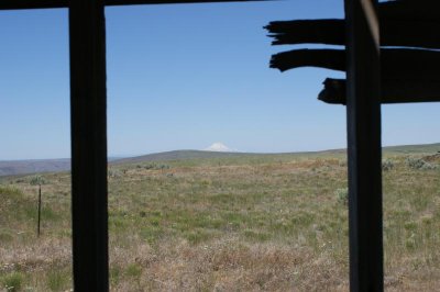 Mt Hood thru a hole in the wall.