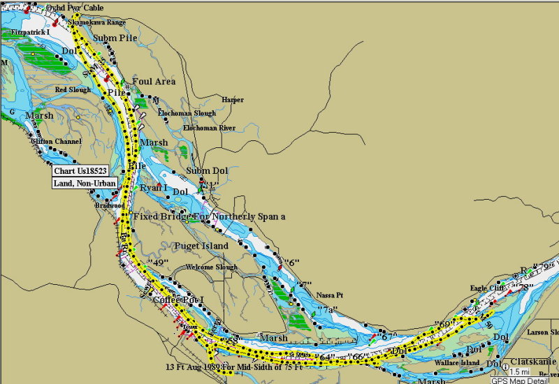 Route from Westport, OR, upriver several miles, and then looping down alongside Puget Island to Skamokawa and back.  32 nm