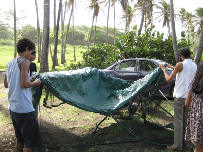 Setting up a tent for Jason's birthday party