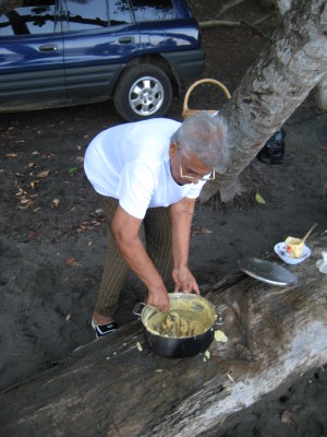 Granny making corn porridge