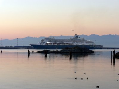 Cruise ship in the early morning light at Victoria harbour