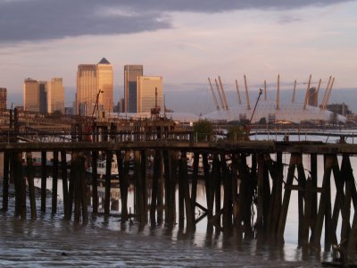 Dawn breaks over Canary Wharf and Millenium Dome