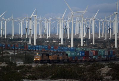 Wind turbines and Union Pacific freight train