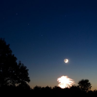 Moon, planets and fireworks