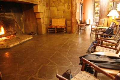 Inside, the fireplace is toasty warm on this 40 degree morning.
