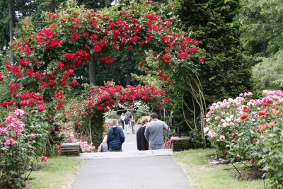 Arbors frame the path.