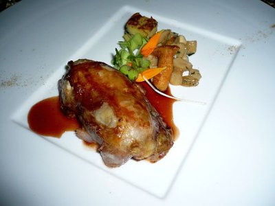 quail filled with gooseliver, plumes, truffle ruttle potatoes vine vegetable