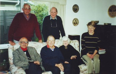 Years later - John Lindsay and Brian Bren standing, Frank, Laurie, Jocelyn Bren and Joy