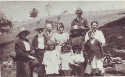 Mitchell family in 1920s. Jim is on the right, with his mother behind him. Fred snr is towards the left
