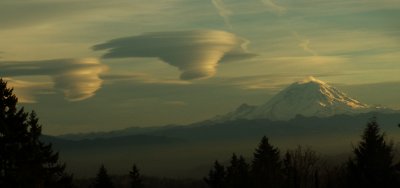 Lenticular clouds blown off Mt. Rainier, taken from Cougar Mountain