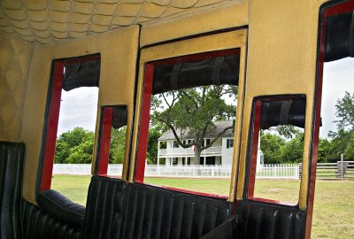 View of inn from inside stagecoach