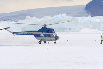Helicopter landing at base camp