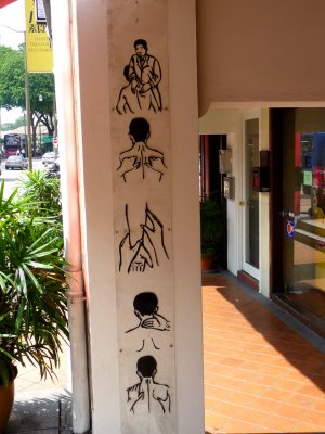 Painted column in Chinatown showing different massage pressure points.