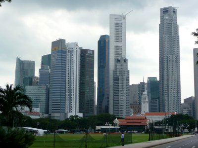 A downtown skyline view of Singapore as seen across from the convention center.