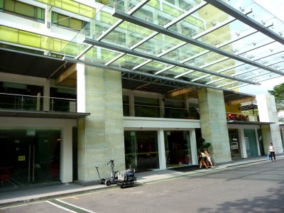 Entrance to the Hotel Re. It is a retro hotel decorated in a 1960s and 1970s motif.