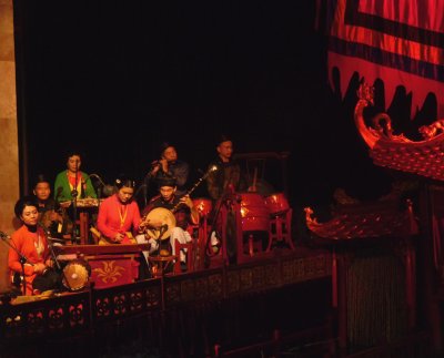 View of the musicians who provide the traditional Vietnamese music for the water puppet performance.