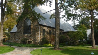 The stone faade of the church, which was built in 1922 on land donated by John D. Rockefeller.