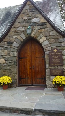 Entrance door to the Union Church of Pocantico Hills. Unfortunately, the stained glass windows cannot be seen from outside.