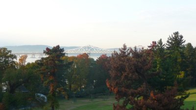 Looking west from Lyndhurst at the Hudson River and Tappan Zee Bridge. The trees were changing colors since it was October.