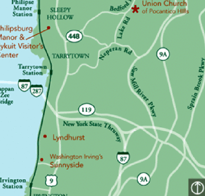 Map of Tarrytown and Sleepy Hollow with the star indicating the Union Church of Pocantico Hills.