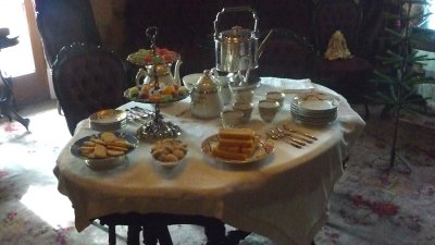 Tea and pastries set up in the Winter Parlor for afternoon teas (as it probably was when Adelicia lived here).