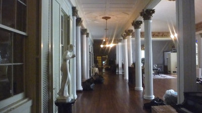 View looking in the other direction of the Grand Salon.  Note the wood floors, columns and statuary.
