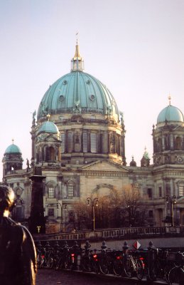 Bikes outside the Berlin Cathedral with an Italian High Renaissance style dome (built 1894-1905).