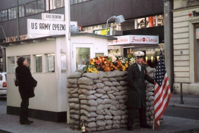 U.S. soldier standing guard at Checkpoint Charlie. Today, the soldiers are mostly a tourist attraction.