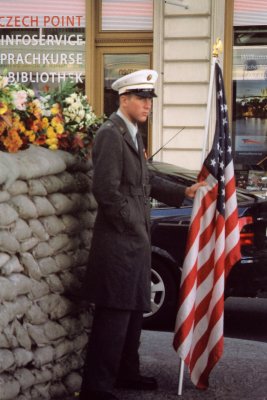 Close-up of the U.S. soldier guarding Checkpoint Charlie.