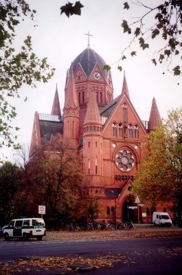 View of the Evangelical-Lutheran Church of the Holy Cross (built in 1888) with a clock tower.