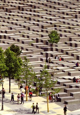 Postcard of the Holocaust Memorial.  People get disoriented walking through it because of the tilting blocks.