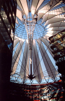 Interior view looking up at the roof of Sony Centre in Potsdam Square.